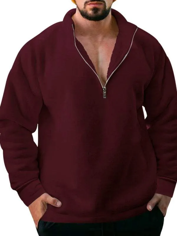 New men's fleece stand collar loose casual half zipper solid color hoodie