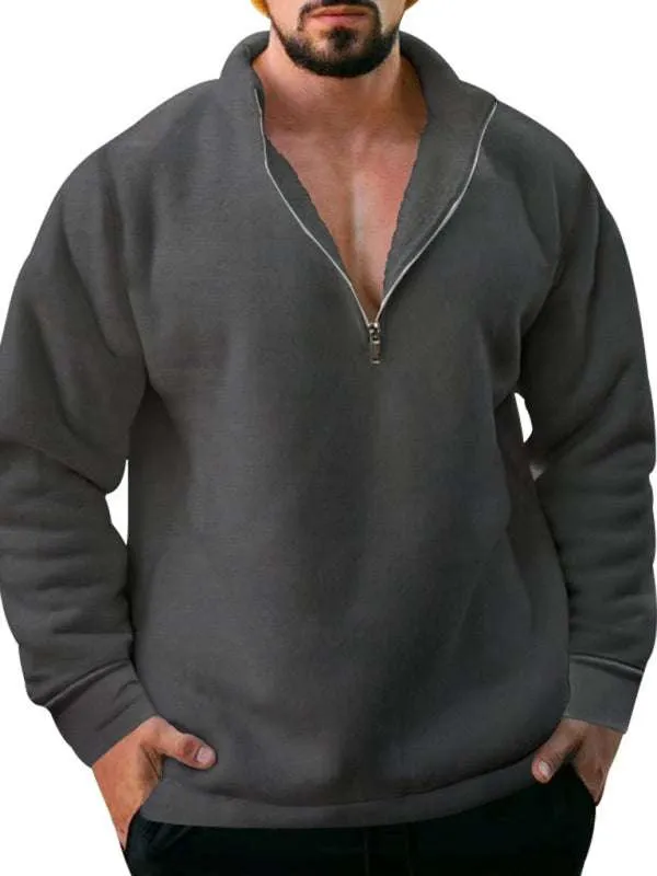 New men's fleece stand collar loose casual half zipper solid color hoodie