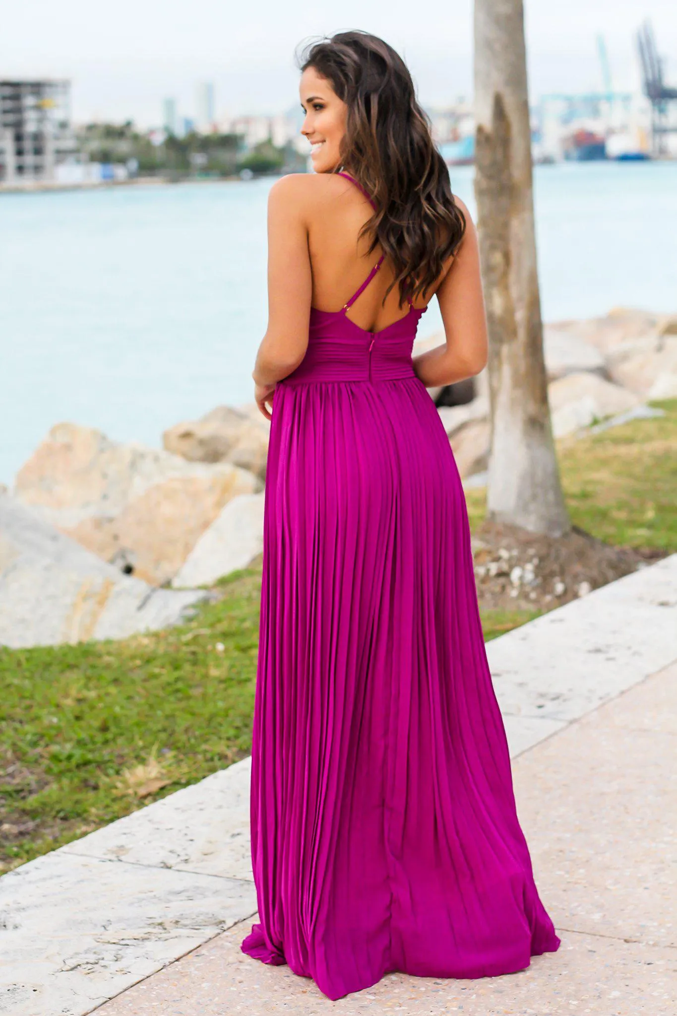 Orchid Pleated Maxi Dress with Criss Cross Back