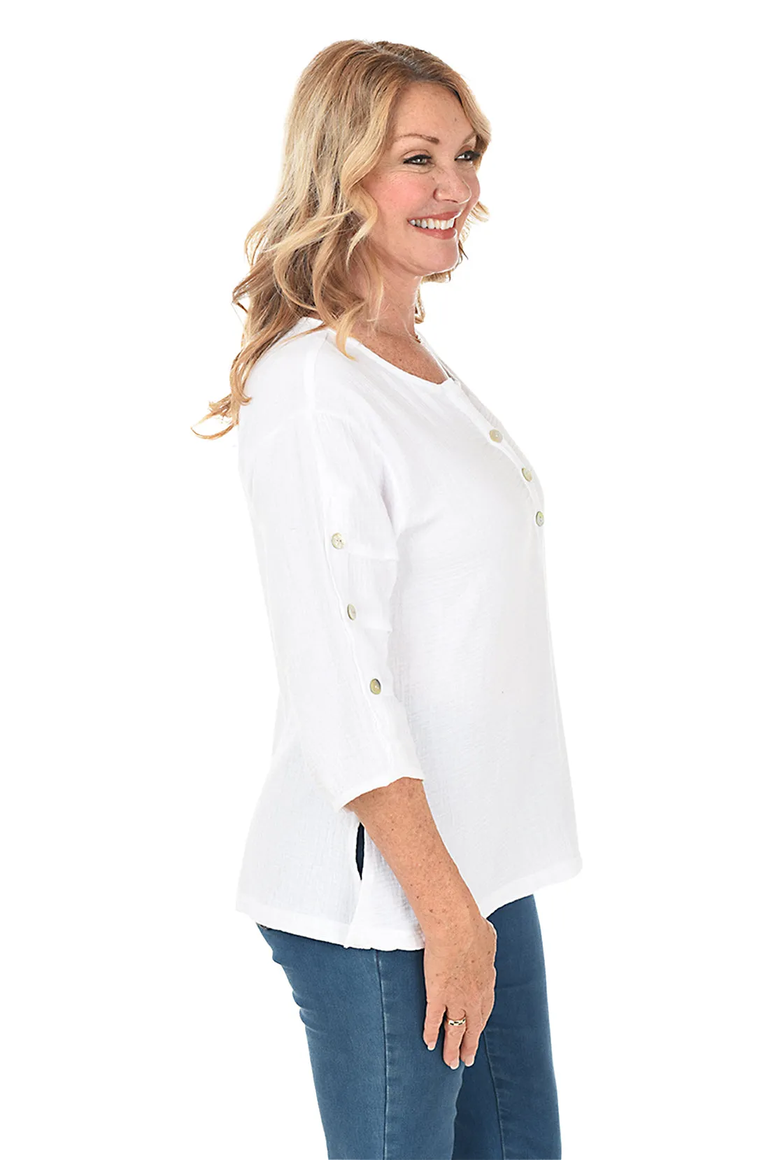 Petite Nina Button Sleeve Gauze Blouse