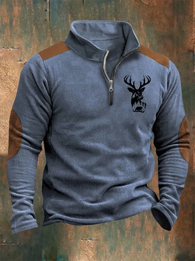 PRINTED STANDING COLLAR MEN'S TRENDY ZIPPERED POLO HOODIE