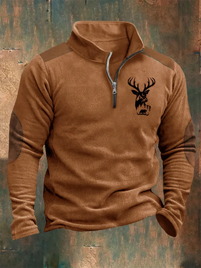 PRINTED STANDING COLLAR MEN'S TRENDY ZIPPERED POLO HOODIE