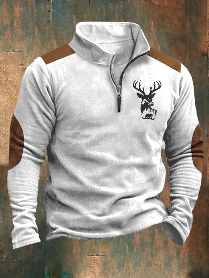 PRINTED STANDING COLLAR MEN'S TRENDY ZIPPERED POLO HOODIE