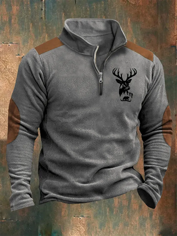 PRINTED STANDING COLLAR MEN'S TRENDY ZIPPERED POLO HOODIE