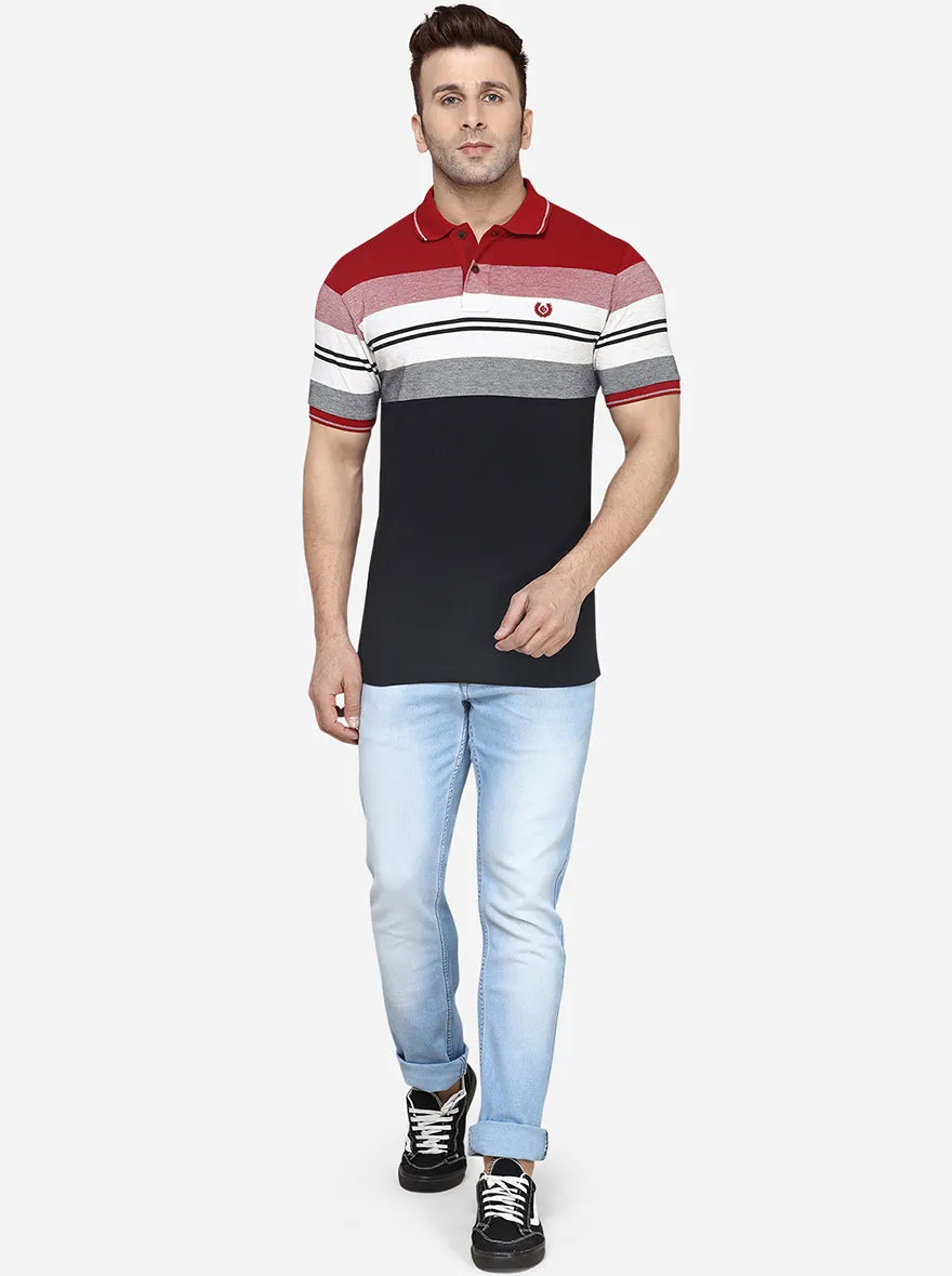 Red & White Striped Slim Fit Polo T-Shirt | Greenfibre