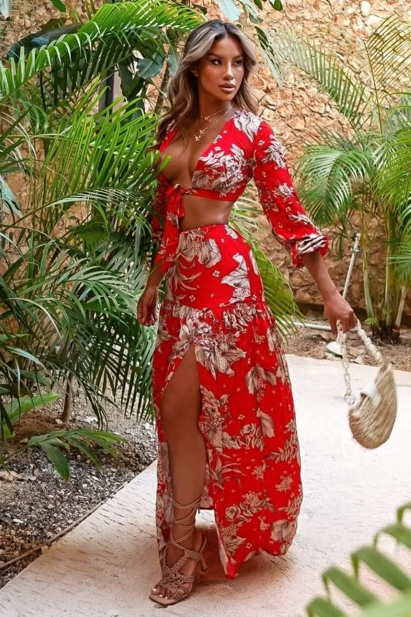 Red Floral Tie Front Balloon Sleeve Crop Top & Tiered Maxi Skirt