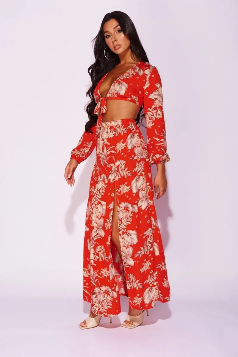 Red Floral Tie Front Balloon Sleeve Crop Top & Tiered Maxi Skirt