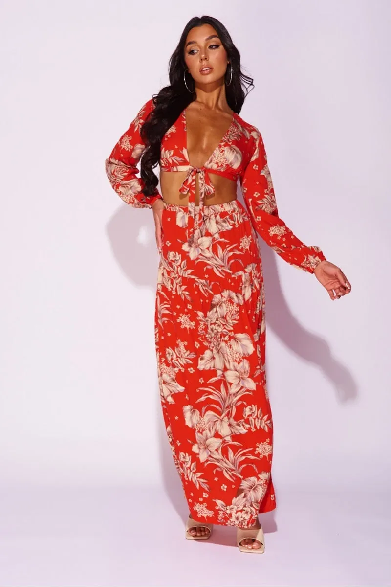 Red Floral Tie Front Balloon Sleeve Crop Top & Tiered Maxi Skirt