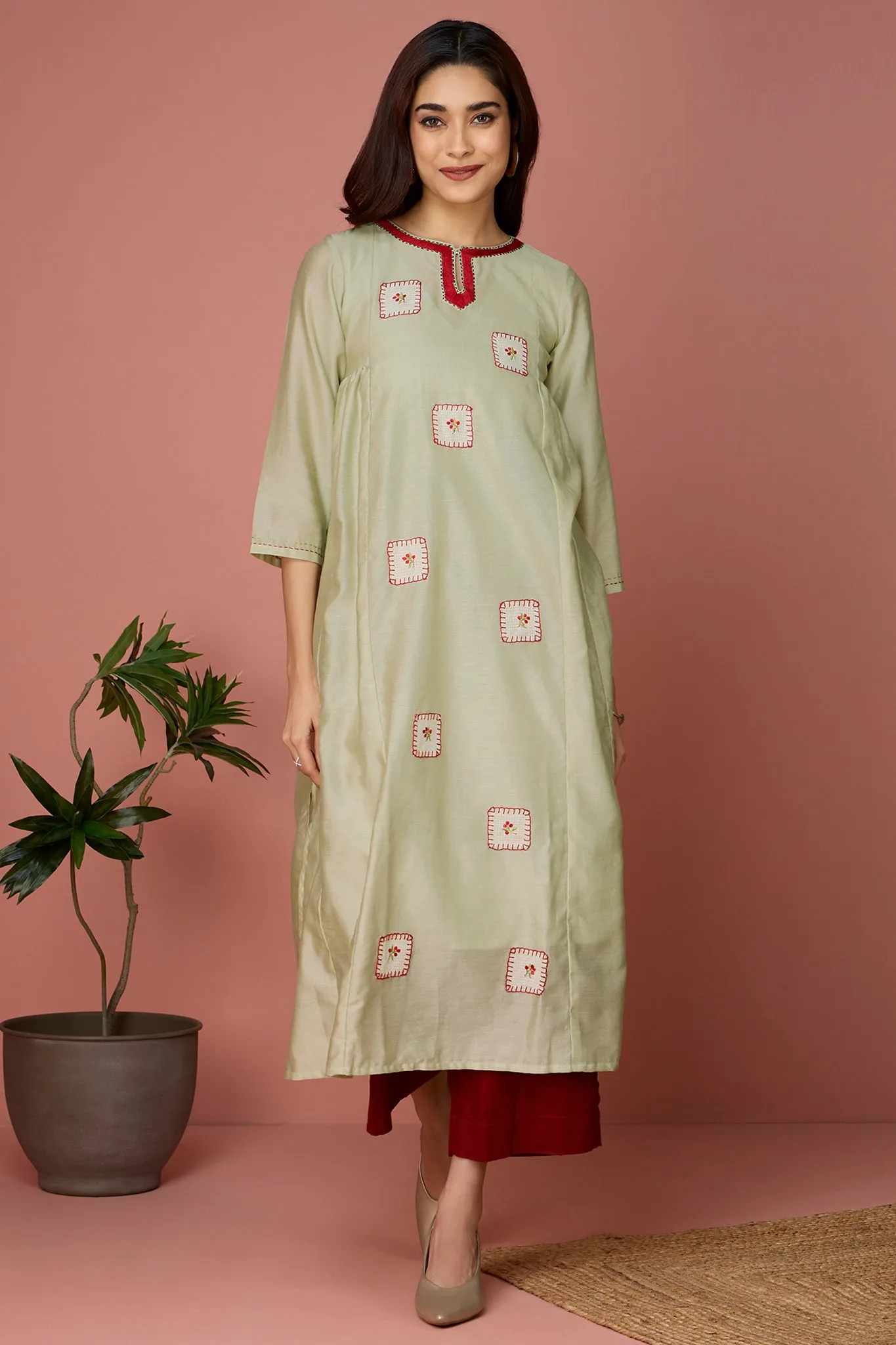 side gather chanderi a-line kurta - Pistachio & Dreams