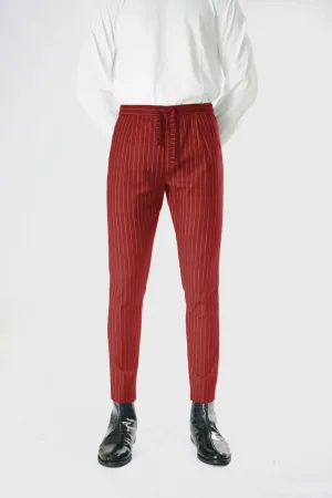 Standard Length Long Sleeve Wool Pants in Red Pinstripe