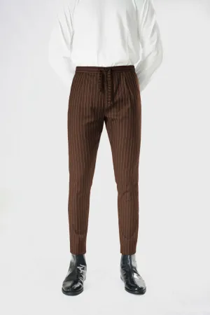 Standard Length Three Quarter Sleeve Wool Pants in Coffee Brown Pinstripe