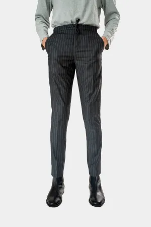 Standard Length Three Quarter Sleeve Wool Pants in Grey Pinstripe