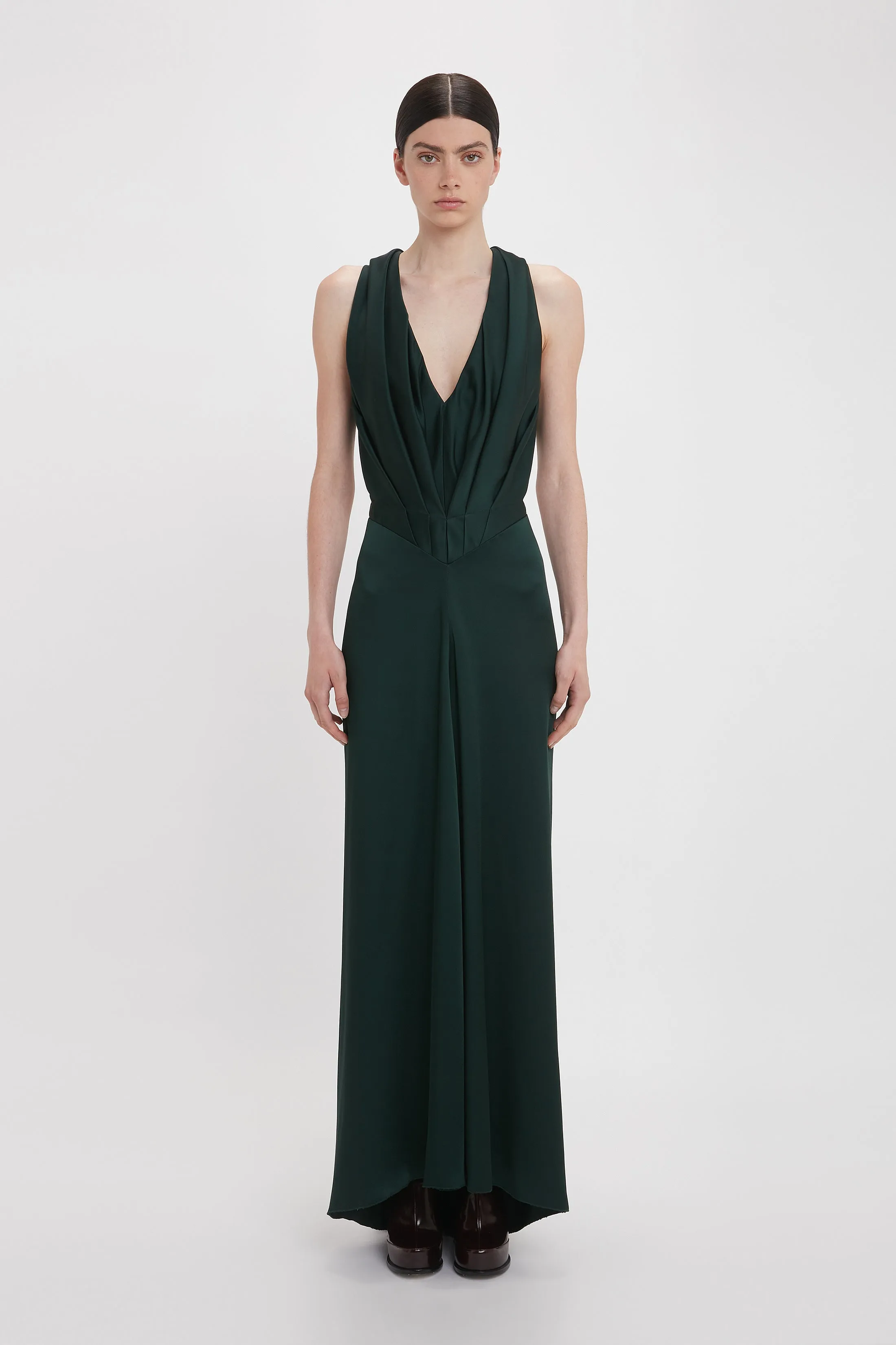 V-Neck Gathered Floor-Length Dress In Seaweed