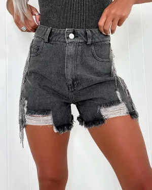 Weekend Glam Rhinestone Fringe Denim Shorts - Charcoal