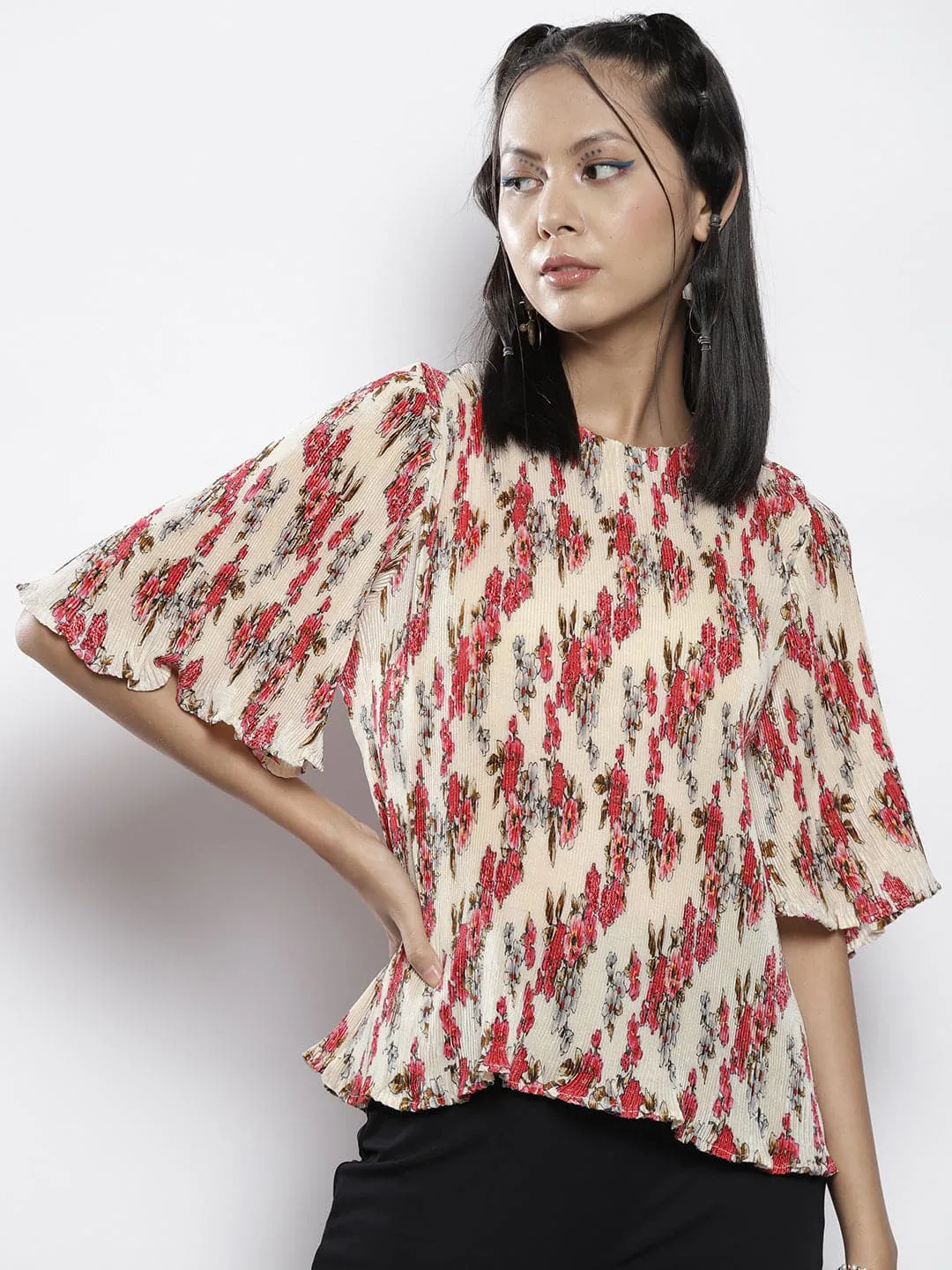 Women Biege Floral Print Pleated Chinon A-Line Top