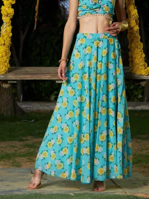 Women Green Floral Bias Flared Skirt