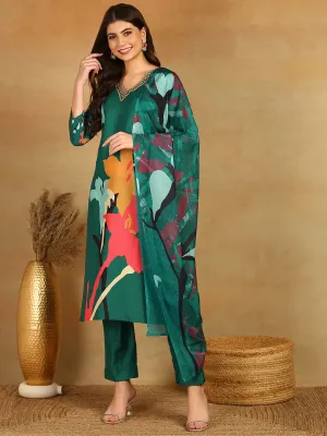 Women Green Silk Blend Floral Printed Straight Kurta Trousers With Dupatta