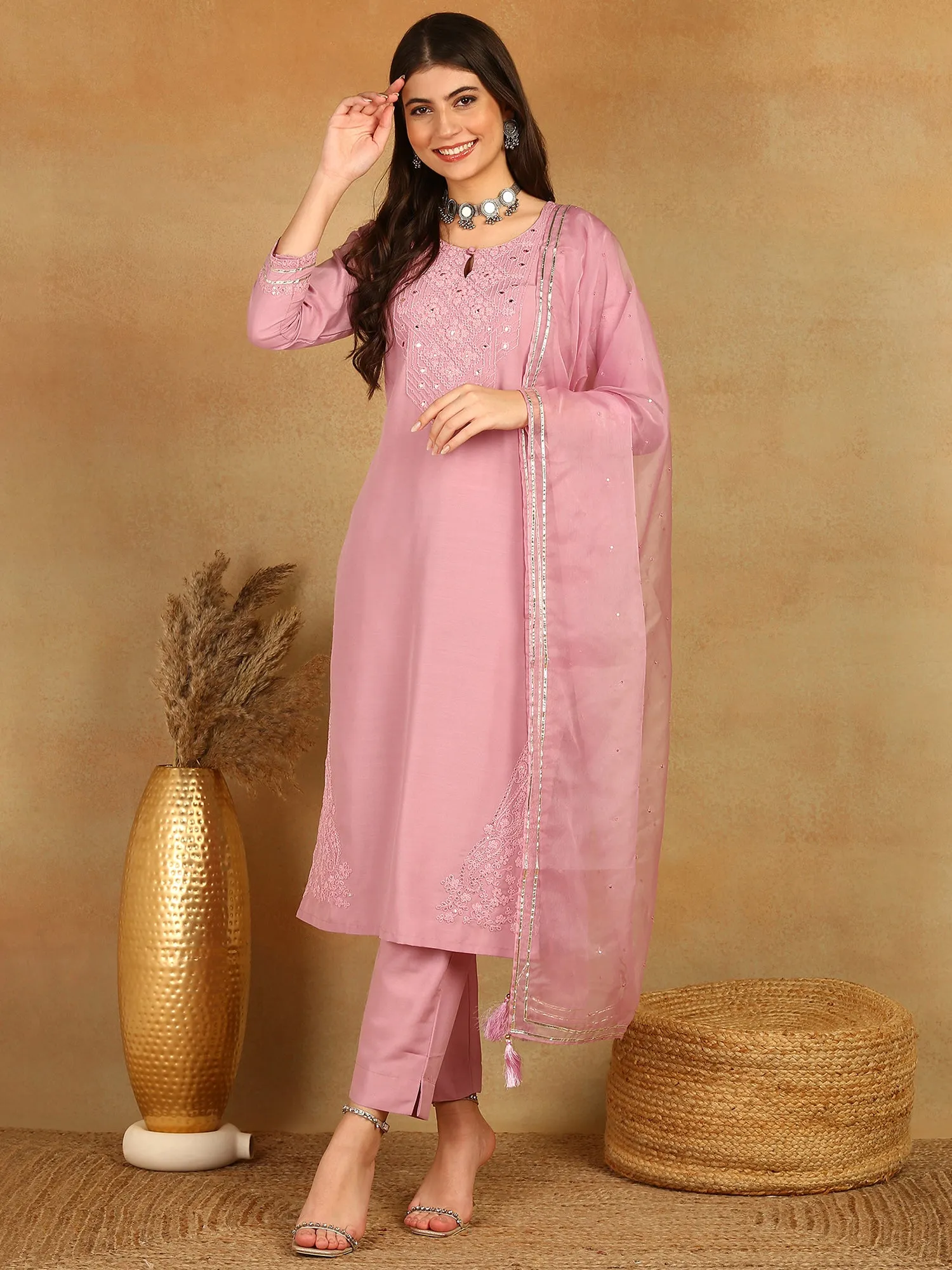 Women Pink Silk Blend Solid Yoke Design Straight Kurta Trouser With Dupatta