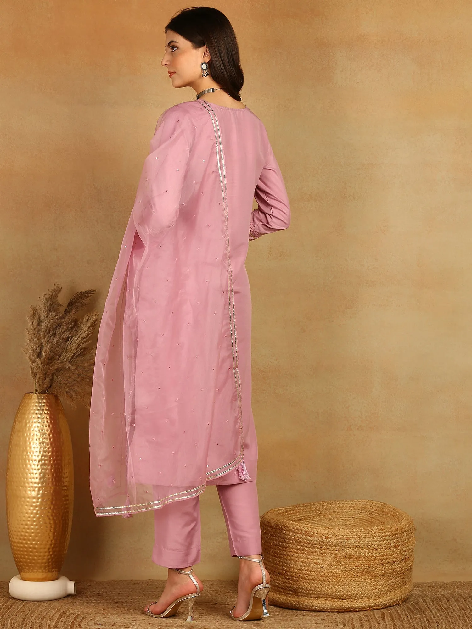 Women Pink Silk Blend Solid Yoke Design Straight Kurta Trouser With Dupatta