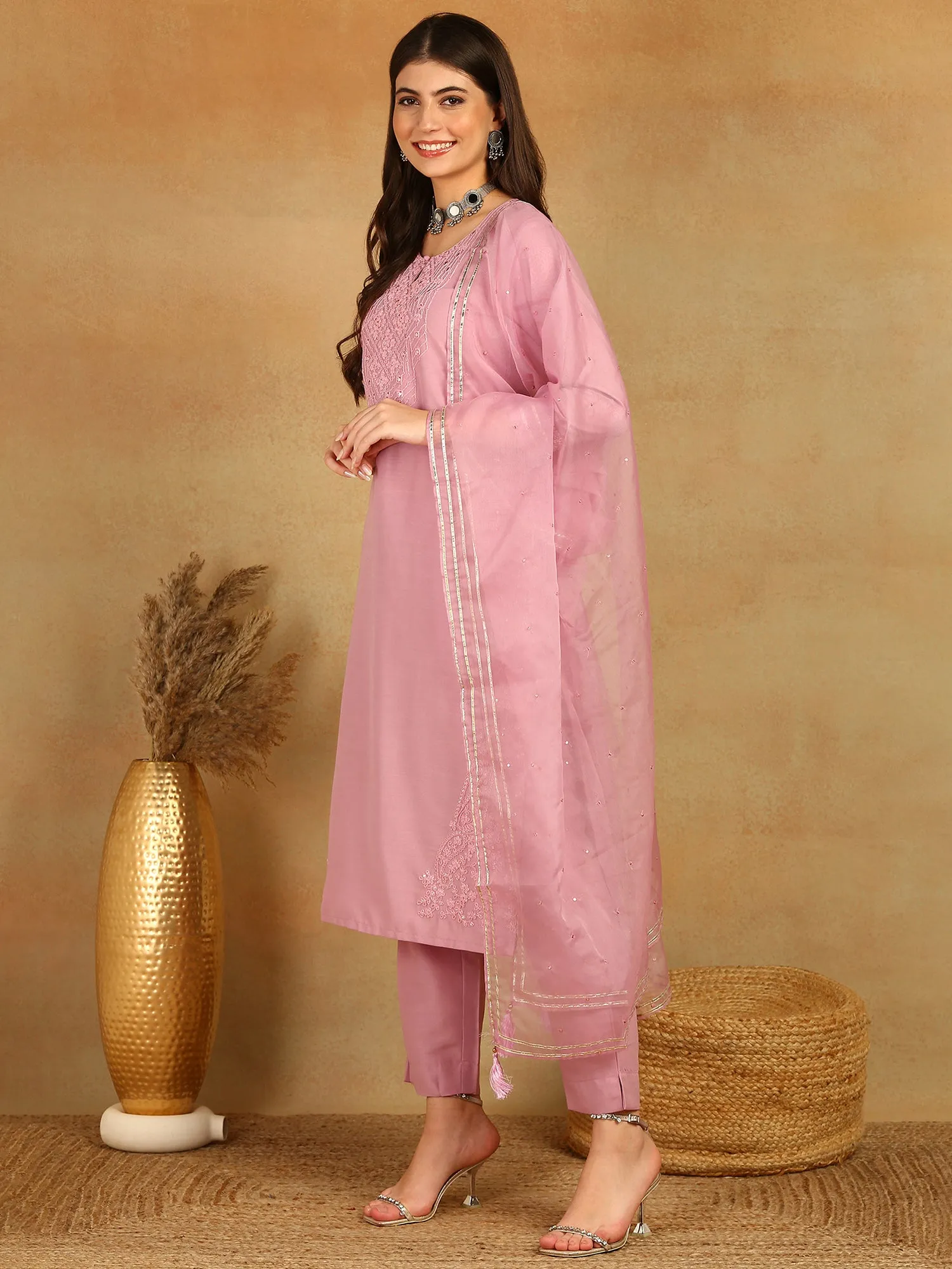 Women Pink Silk Blend Solid Yoke Design Straight Kurta Trouser With Dupatta