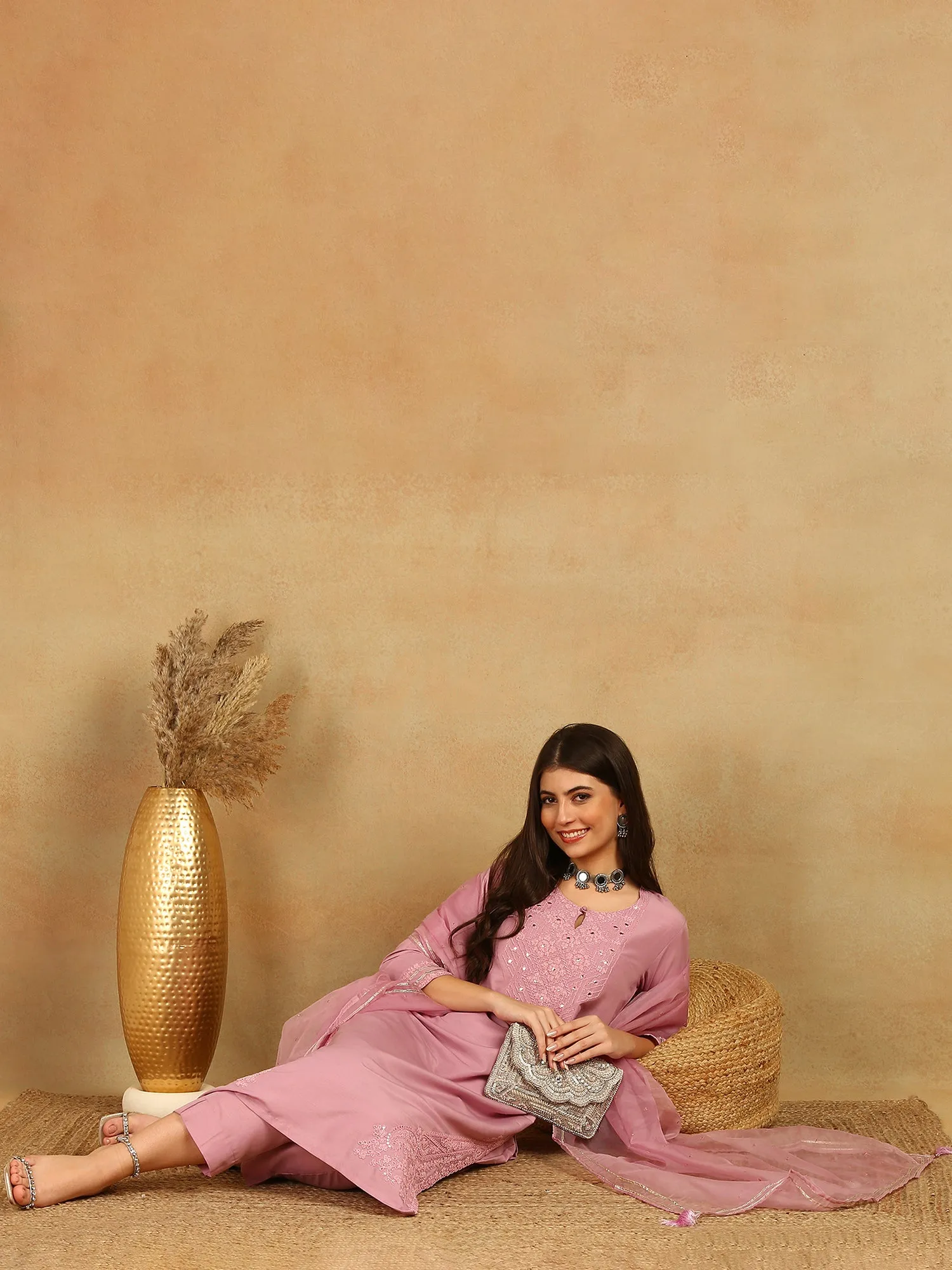 Women Pink Silk Blend Solid Yoke Design Straight Kurta Trouser With Dupatta