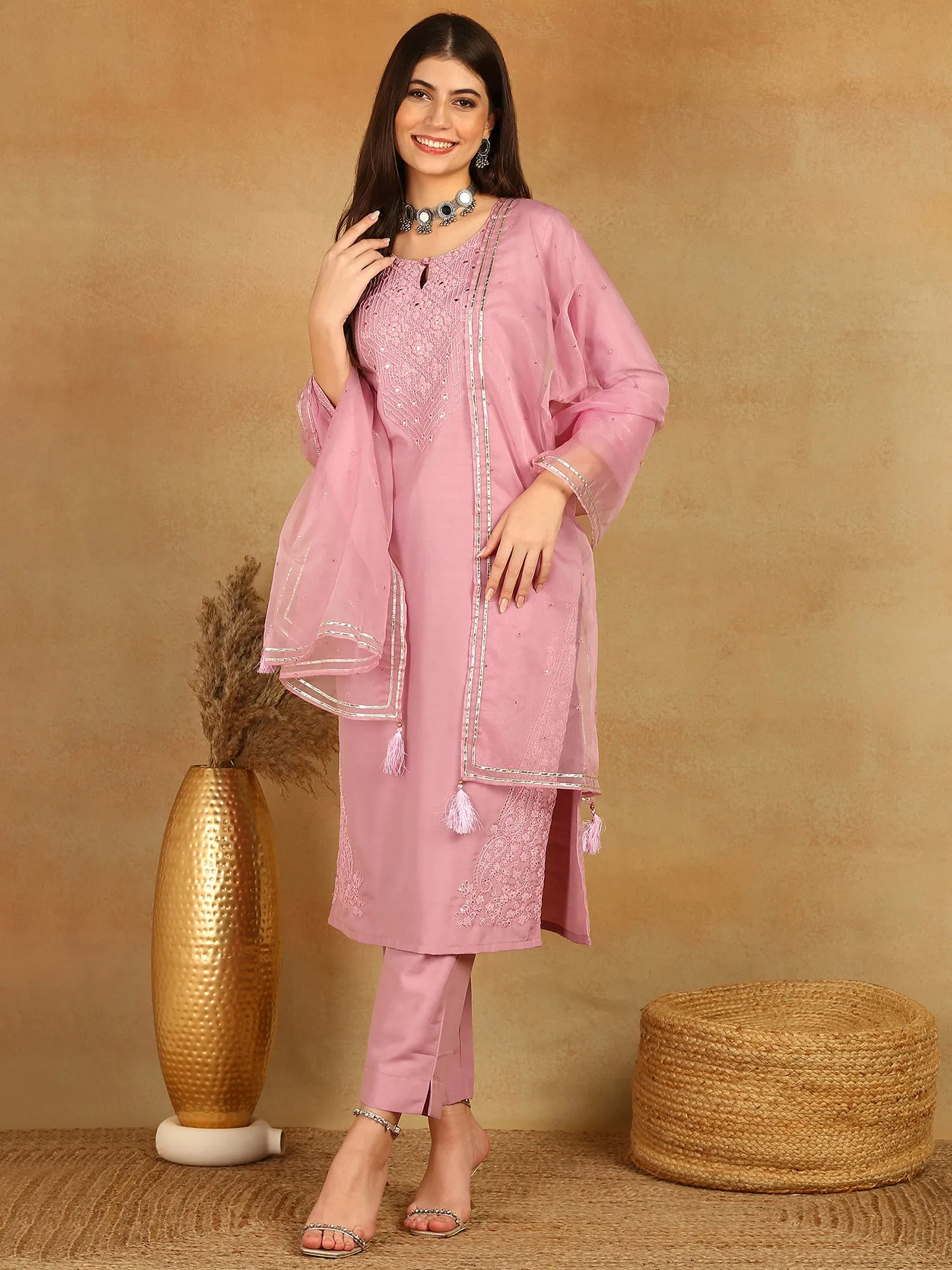 Women Pink Silk Blend Solid Yoke Design Straight Kurta Trouser With Dupatta