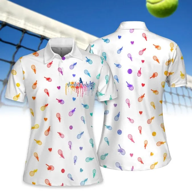 Women Tennis Heart Beat Water Color Women Short Sleeve Polo Shirt, Short Sleeve Polo Shirt For Women