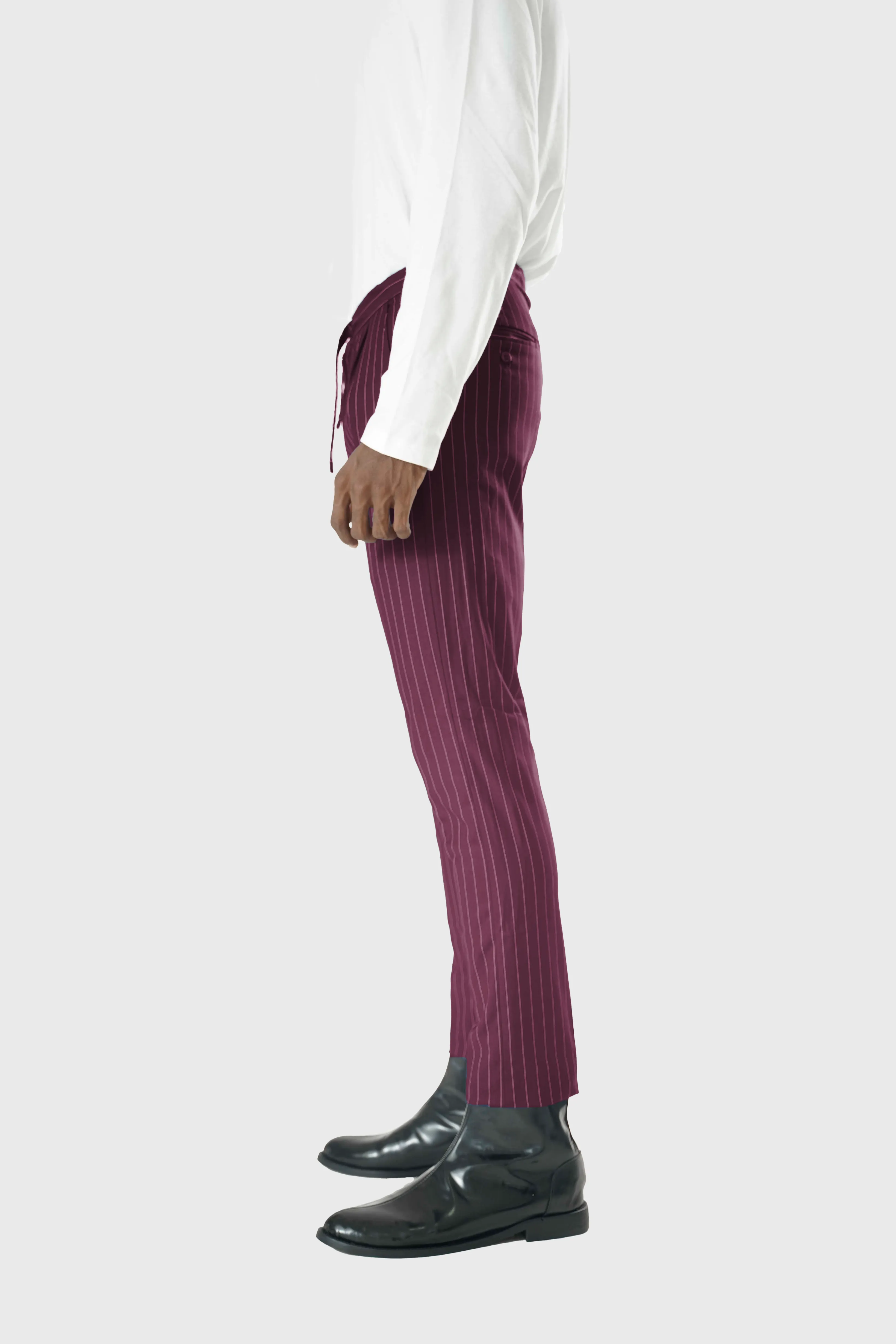 Wool Drawstring Pants in Purple Pinstripe