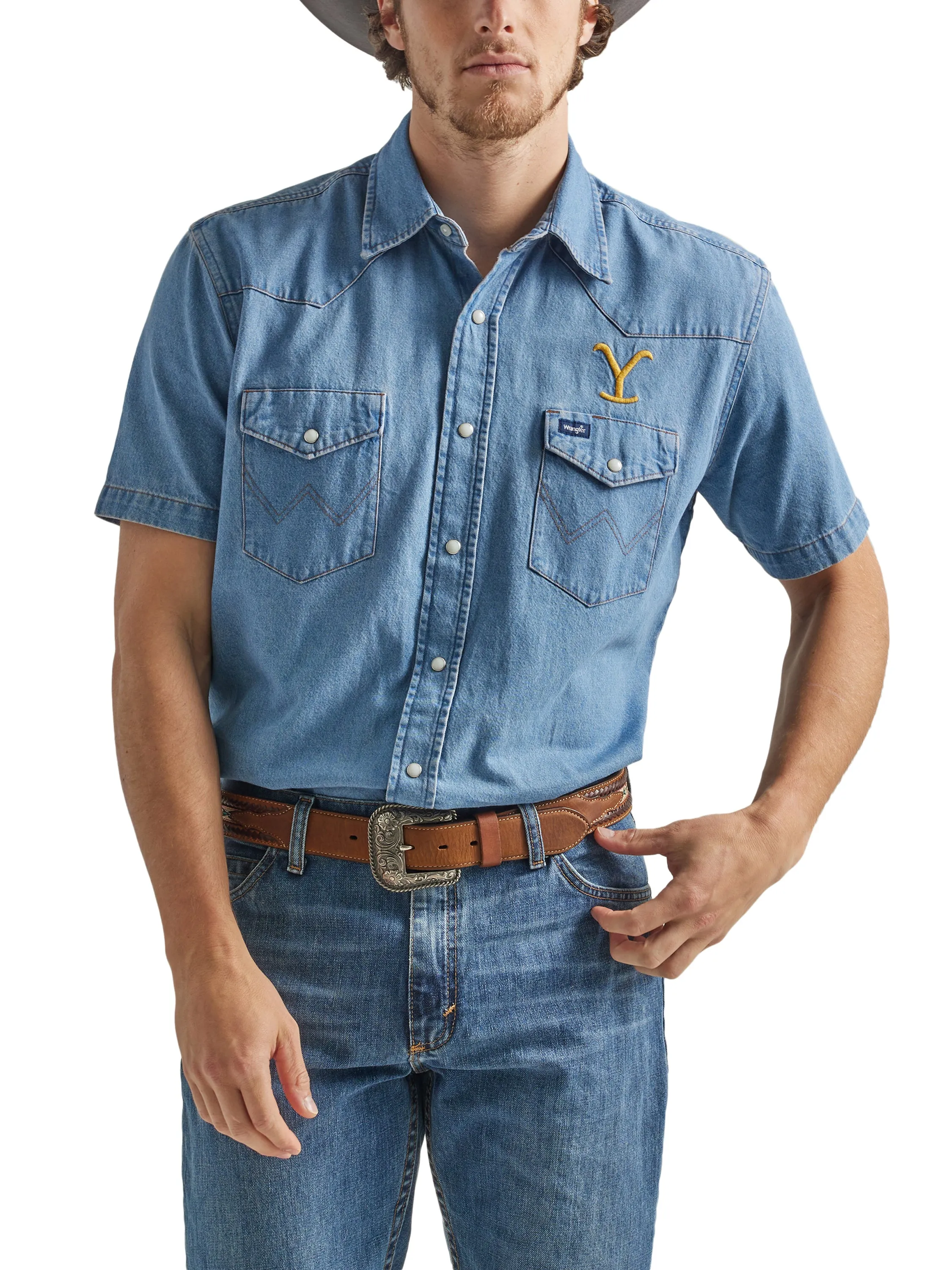 Wrangler x Yellowstone Men's Stonewashed Denim Western Snap Short Sleeve Shirt