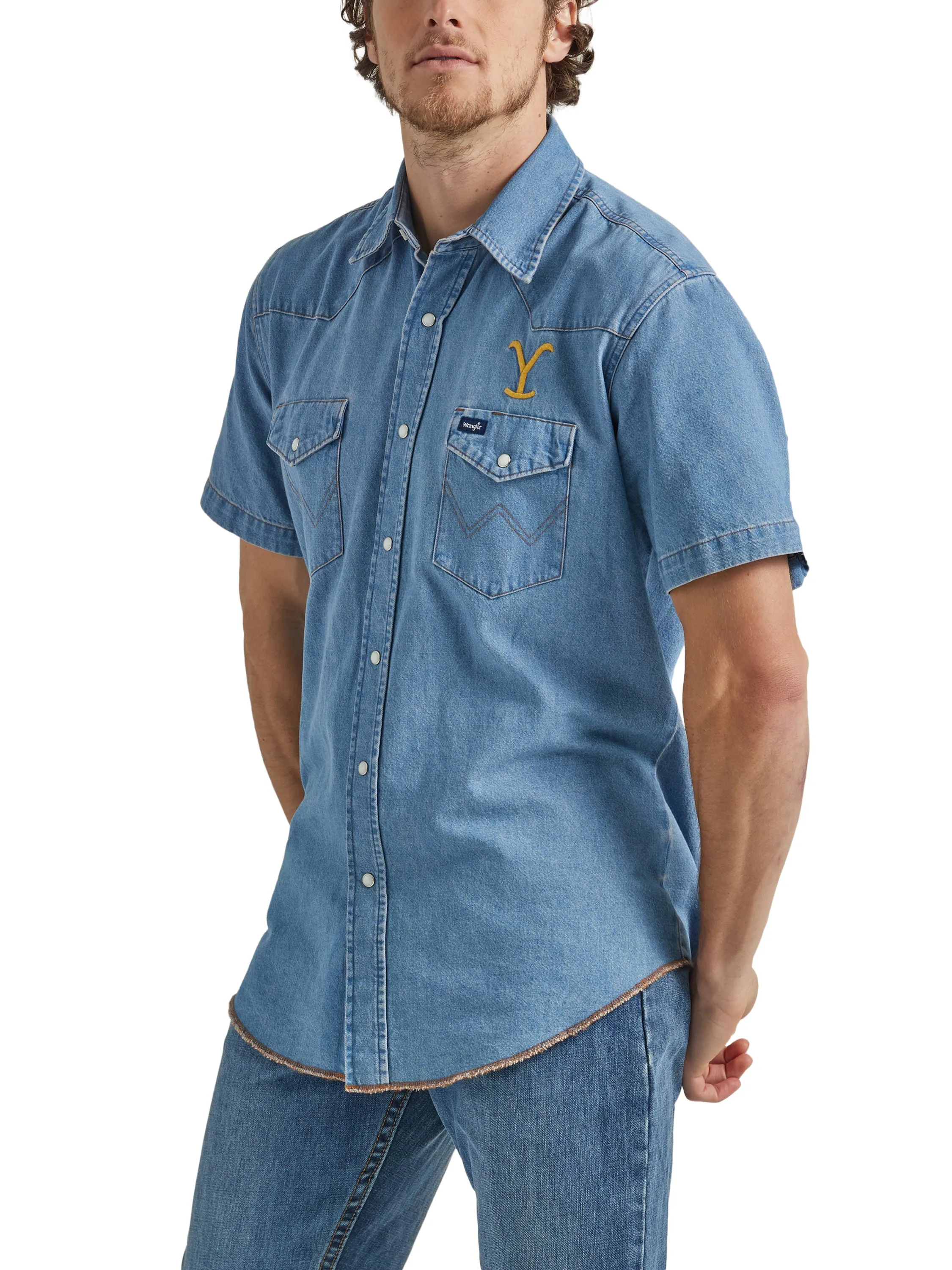 Wrangler x Yellowstone Men's Stonewashed Denim Western Snap Short Sleeve Shirt